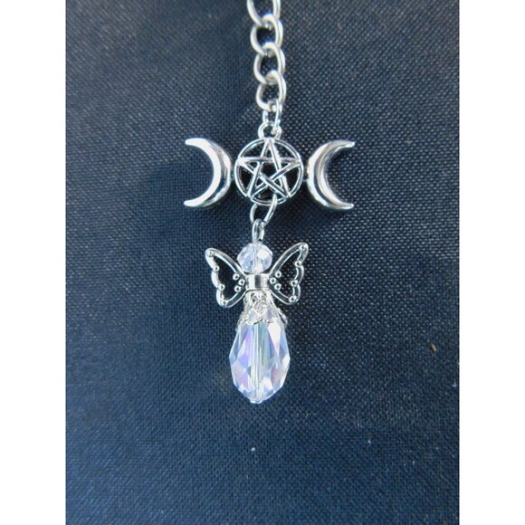 Triple Moon Pentacle Crystal Angel Keychain Pagan Wiccan Goddess Charm Spiritual - Picture 6 of 10